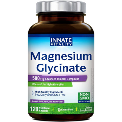 Innate Vitality Magnesium Glycinat 500mg | 70mg Elementares Magnesium – Hoch absorbierbar, nicht gepuffert, vegan & glutenfrei – 120 Kapseln