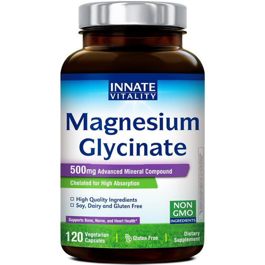 Innate Vitality Magnesium Glycinat 500mg | 70mg Elementares Magnesium – Hoch absorbierbar, nicht gepuffert, vegan & glutenfrei – 120 Kapseln