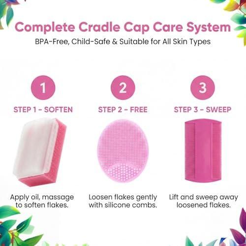 Milchschorf Bürste für Babys - Sanfte Behandlung mit Baby Schwamm, Bürsten- und Kamm-Set für Neugeborene - Set mit 6 Teilen (Pink)