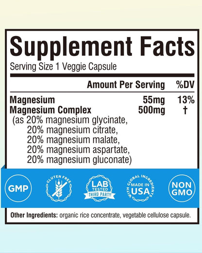 Terranics 5-in-1 Magnesium Complex 500mg – 5 Formen Hochabsorbierendes Magnesiumglycinat, Citrat, Malat, Aspartat, Gluconat für Schlaf & Herzgesundheit – Non-GMO, 120 vegane Kapseln