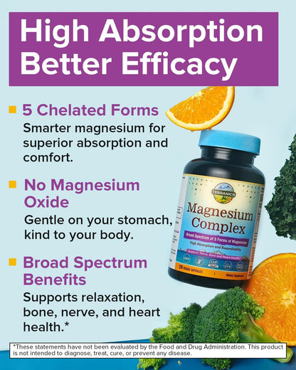 Terranics 5-in-1 Magnesium Complex 500mg – 5 Formen Hochabsorbierendes Magnesiumglycinat, Citrat, Malat, Aspartat, Gluconat für Schlaf & Herzgesundheit – Non-GMO, 120 vegane Kapseln