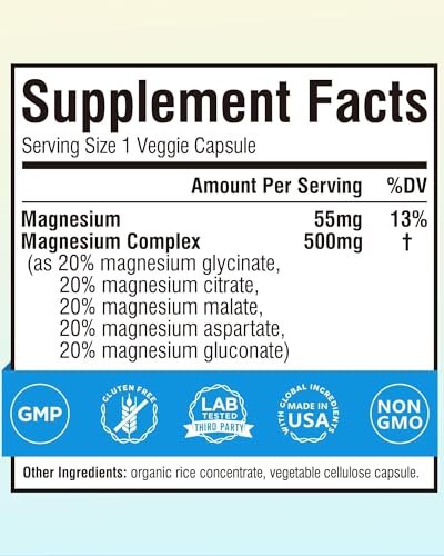 Terranics 5-in-1 Magnesium Complex 500mg – 5 Formen Hochabsorbierendes Magnesiumglycinat, Citrat, Malat, Aspartat, Gluconat für Schlaf & Herzgesundheit – Non-GMO, 120 vegane Kapseln