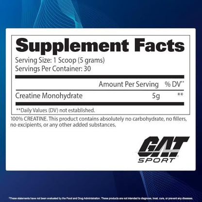 GAT SPORT Creatin-Monohydrat-Pulver, 150 Gramm, Kraft, Gehirngesundheit, GLP1-Unterstützung, Antioxidans, Ausdauer, für Männer & Frauen, 1 Monatsvorrat, ungewürzt (30 Portionen)