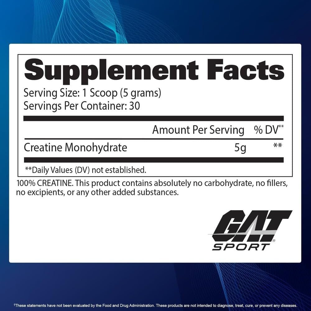 GAT SPORT Creatin-Monohydrat-Pulver, 150 Gramm, Kraft, Gehirngesundheit, GLP1-Unterstützung, Antioxidans, Ausdauer, für Männer & Frauen, 1 Monatsvorrat, ungewürzt (30 Portionen)
