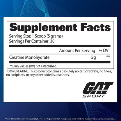 GAT SPORT Creatin-Monohydrat-Pulver, 150 Gramm, Kraft, Gehirngesundheit, GLP1-Unterstützung, Antioxidans, Ausdauer, für Männer & Frauen, 1 Monatsvorrat, ungewürzt (30 Portionen)
