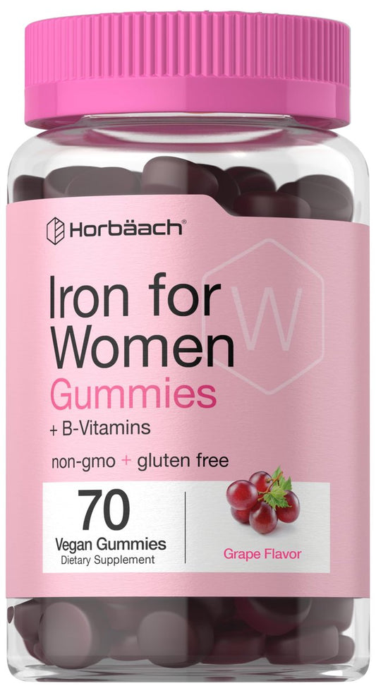 Horbäach Eisen Gummis für Frauen | 70 Stück | Traubengeschmack | Nahrungsergänzung mit B-Vitaminen, Folsäure und Zink | Vegan, Nicht-GVO & Glutenfrei