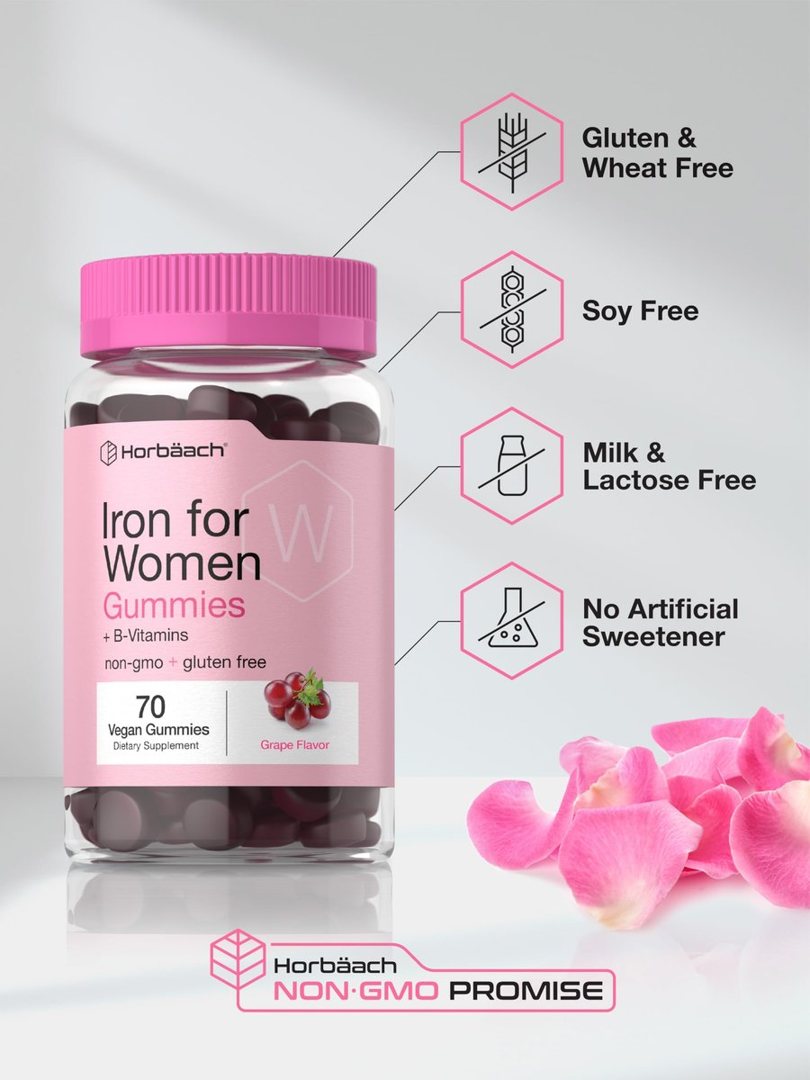 Horbäach Eisen Gummis für Frauen | 70 Stück | Traubengeschmack | Nahrungsergänzung mit B-Vitaminen, Folsäure und Zink | Vegan, Nicht-GVO & Glutenfrei