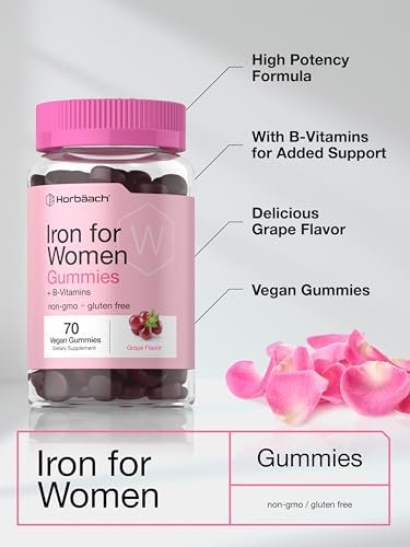 Horbäach Eisen Gummis für Frauen | 70 Stück | Traubengeschmack | Nahrungsergänzung mit B-Vitaminen, Folsäure und Zink | Vegan, Nicht-GVO & Glutenfrei