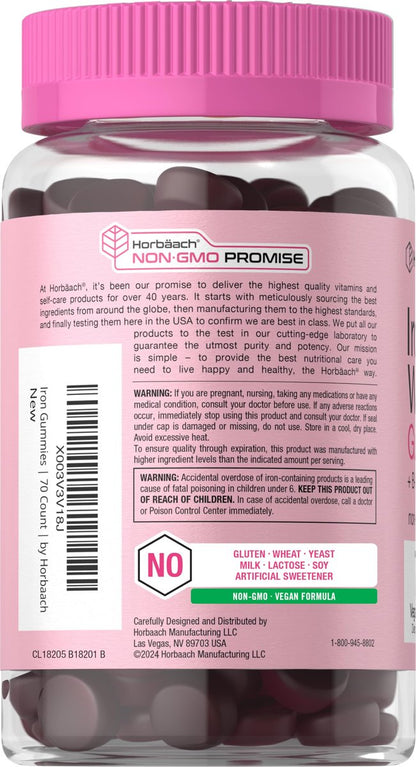 Horbäach Eisen Gummis für Frauen | 70 Stück | Traubengeschmack | Nahrungsergänzung mit B-Vitaminen, Folsäure und Zink | Vegan, Nicht-GVO & Glutenfrei