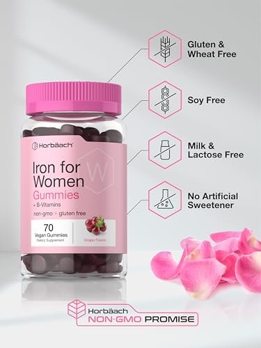 Horbäach Eisen Gummis für Frauen | 70 Stück | Traubengeschmack | Nahrungsergänzung mit B-Vitaminen, Folsäure und Zink | Vegan, Nicht-GVO & Glutenfrei