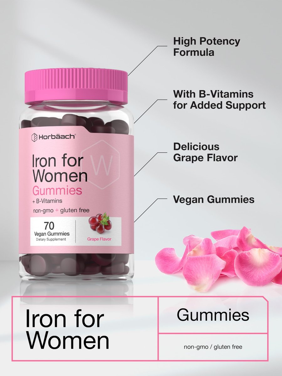 Horbäach Eisen Gummis für Frauen | 70 Stück | Traubengeschmack | Nahrungsergänzung mit B-Vitaminen, Folsäure und Zink | Vegan, Nicht-GVO & Glutenfrei