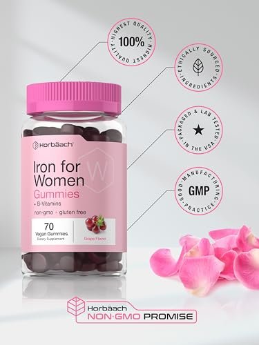 Horbäach Eisen Gummis für Frauen | 70 Stück | Traubengeschmack | Nahrungsergänzung mit B-Vitaminen, Folsäure und Zink | Vegan, Nicht-GVO & Glutenfrei