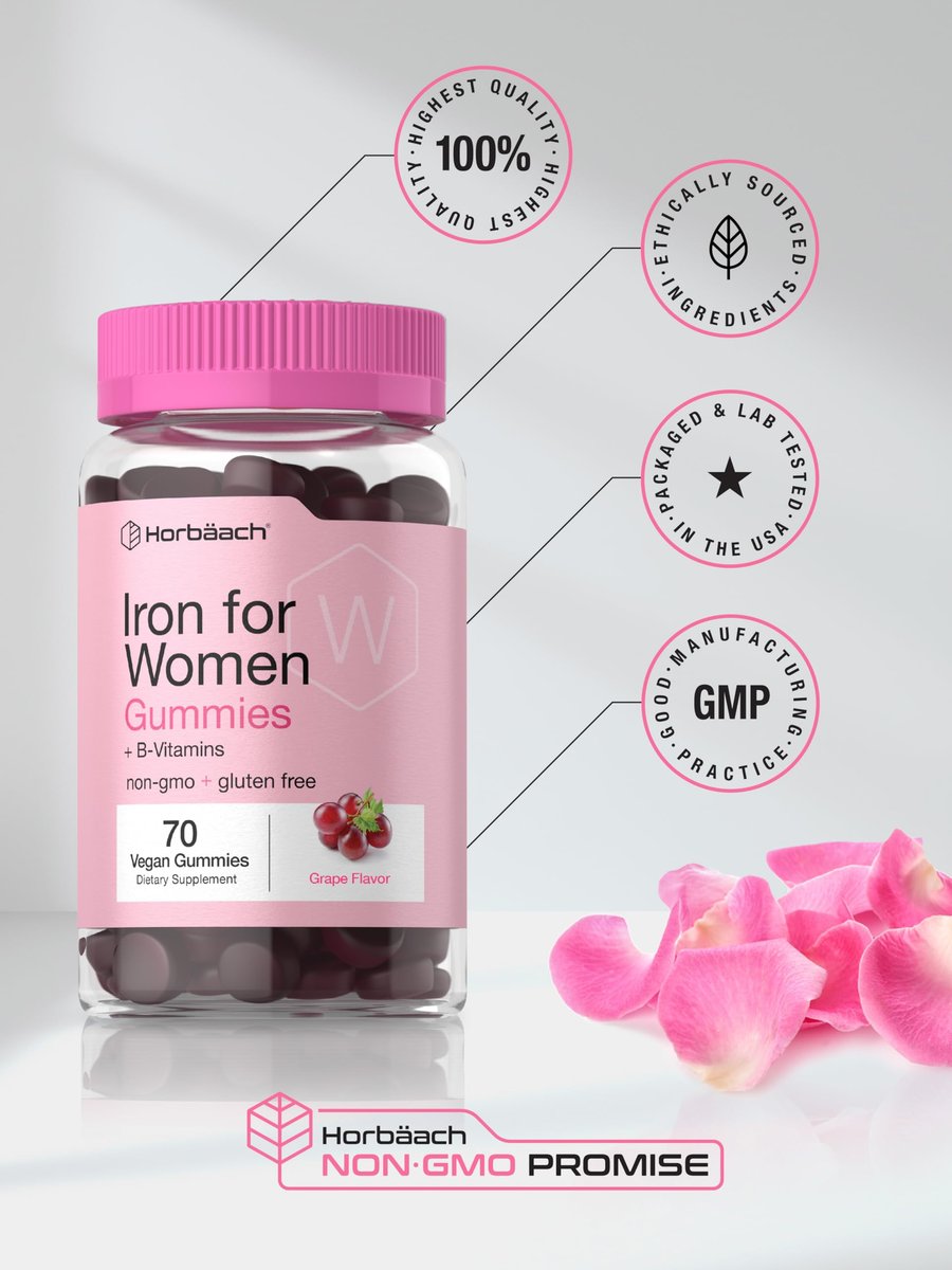 Horbäach Eisen Gummis für Frauen | 70 Stück | Traubengeschmack | Nahrungsergänzung mit B-Vitaminen, Folsäure und Zink | Vegan, Nicht-GVO & Glutenfrei
