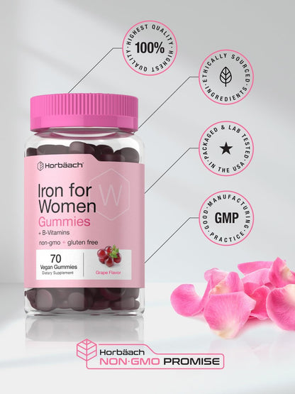 Horbäach Eisen Gummis für Frauen | 70 Stück | Traubengeschmack | Nahrungsergänzung mit B-Vitaminen, Folsäure und Zink | Vegan, Nicht-GVO & Glutenfrei