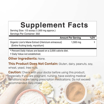 DEAL SUPPLEMENT Bio-Löwenmähne Pilzpulver, 1.500 mg pro Portion, 1 lb – Fruchtkörper & Myzel-Extrakt – Natürlicher Nootropikum & Immun-Booster – Nicht-GVO