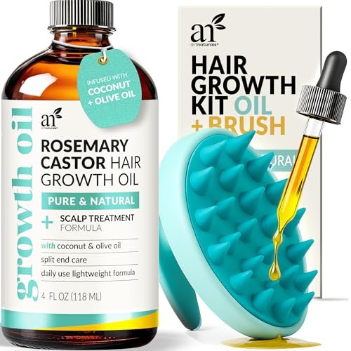 Artnaturals Bio Rosmarin Rizinus Haaröl + Massagegerät Set – Haarwachstum Öl 118 ml mit Kokos- und Olivenöl für trockenes, geschädigtes Haar und Spliss