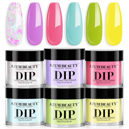 AZUREBEAUTY Dip Powder Nail Set, 6 Farben Pastell Frühling Sommer, Rosa Lila Blau Grün Gelb, Starter Kit für French Art Maniküre, kein UV-Licht nötig