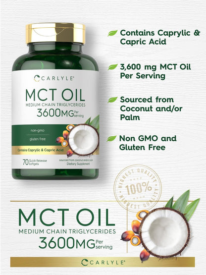Carlyle MCT Öl Kapseln | 3600 mg | 70 Softgels | Keto Kokosnussöl | mit Capryl- und Caprinsäure | Nahrungsergänzungsmittel, Non-GMO, glutenfrei