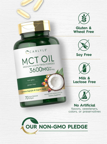 Carlyle MCT Öl Kapseln | 3600 mg | 70 Softgels | Keto Kokosnussöl | mit Capryl- und Caprinsäure | Nahrungsergänzungsmittel, Non-GMO, glutenfrei
