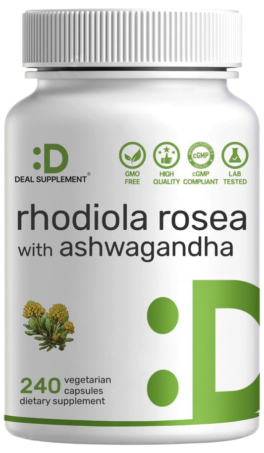 DEAL SUPPLEMENT Rhodiola Rosea mit Ashwagandha, 240 vegane Kapseln – Rhodiola Rosea Nahrungsergänzung – Rhodiola & Ashwagandha Mischung – Nicht-GVO