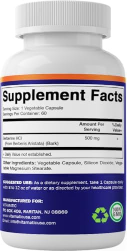 Vitamatic Berberin 500mg – 60 pflanzliche Kapseln – Hergestellt in den USA – Glutenfrei – Nicht-GMO (1 Flasche)