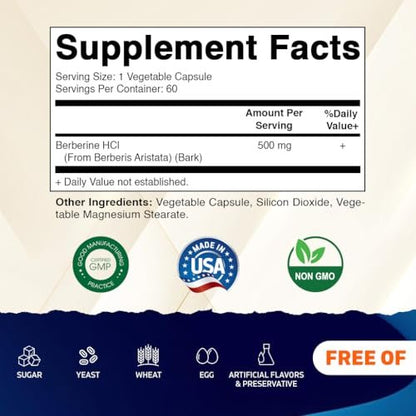 Vitamatic Berberin 500mg – 60 pflanzliche Kapseln – Hergestellt in den USA – Glutenfrei – Nicht-GMO (1 Flasche)