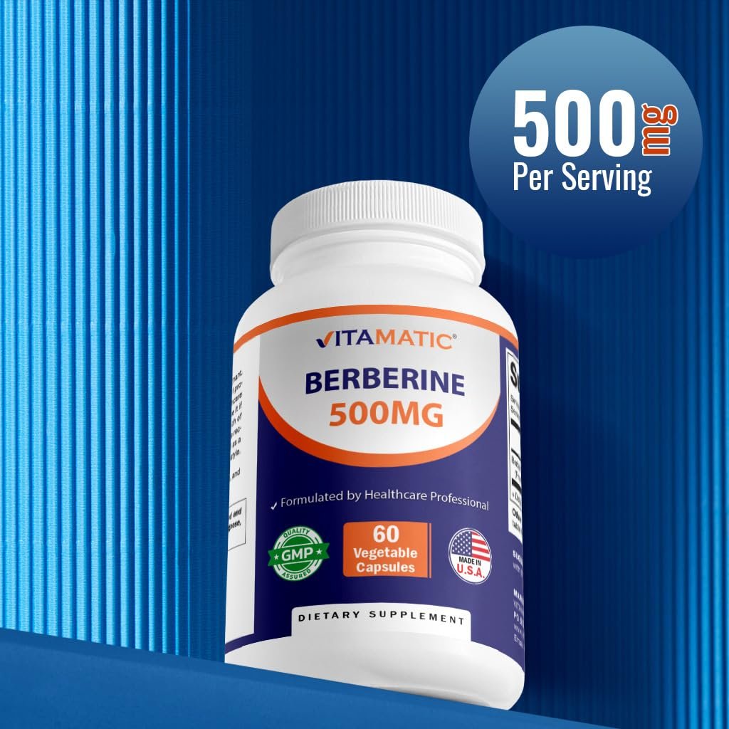 Vitamatic Berberin 500mg – 60 pflanzliche Kapseln – Hergestellt in den USA – Glutenfrei – Nicht-GMO (1 Flasche)