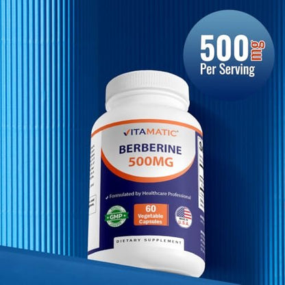 Vitamatic Berberin 500mg – 60 pflanzliche Kapseln – Hergestellt in den USA – Glutenfrei – Nicht-GMO (1 Flasche)