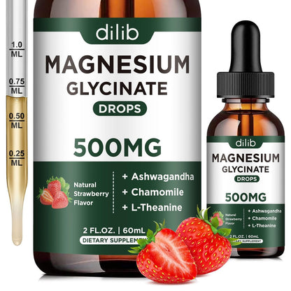Dilib Magnesium Glycinat Flüssig – 500mg Magnesium, Ashwagandha, L-Theanin & Kamille – Vegan, Erdbeergeschmack – Stressabbau, Knochen- & Muskelunterstützung – 59 ml