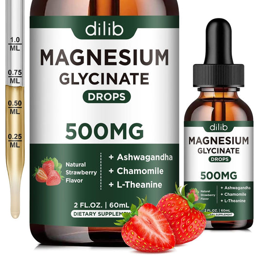 Dilib Magnesium Glycinat Flüssig – 500mg Magnesium, Ashwagandha, L-Theanin & Kamille – Vegan, Erdbeergeschmack – Stressabbau, Knochen- & Muskelunterstützung – 59 ml