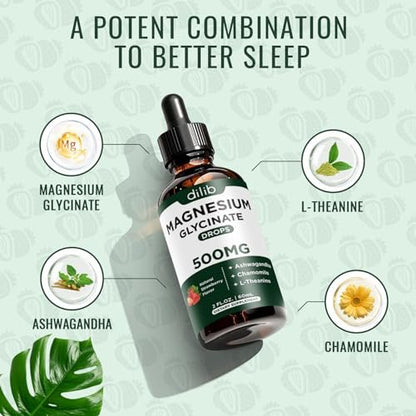Dilib Magnesium Glycinat Flüssig – 500mg Magnesium, Ashwagandha, L-Theanin & Kamille – Vegan, Erdbeergeschmack – Stressabbau, Knochen- & Muskelunterstützung – 59 ml
