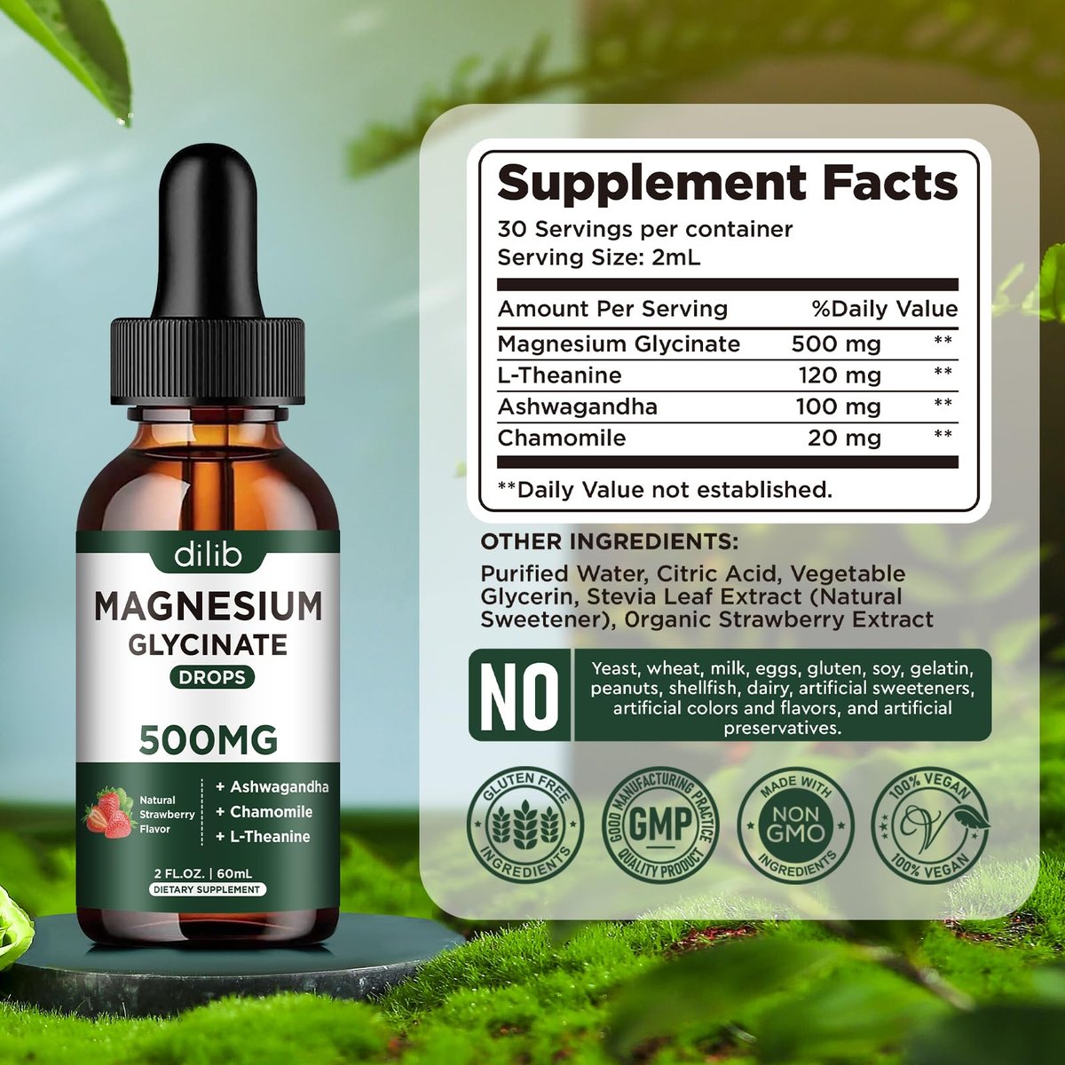 Dilib Magnesium Glycinat Flüssig – 500mg Magnesium, Ashwagandha, L-Theanin & Kamille – Vegan, Erdbeergeschmack – Stressabbau, Knochen- & Muskelunterstützung – 59 ml