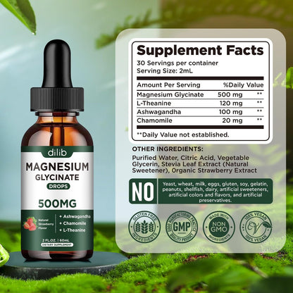 Dilib Magnesium Glycinat Flüssig – 500mg Magnesium, Ashwagandha, L-Theanin & Kamille – Vegan, Erdbeergeschmack – Stressabbau, Knochen- & Muskelunterstützung – 59 ml
