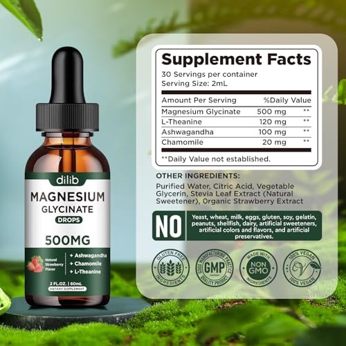 Dilib Magnesium Glycinat Flüssig – 500mg Magnesium, Ashwagandha, L-Theanin & Kamille – Vegan, Erdbeergeschmack – Stressabbau, Knochen- & Muskelunterstützung – 59 ml