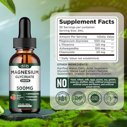 Dilib Magnesium Glycinat Flüssig – 500mg Magnesium, Ashwagandha, L-Theanin & Kamille – Vegan, Erdbeergeschmack – Stressabbau, Knochen- & Muskelunterstützung – 59 ml