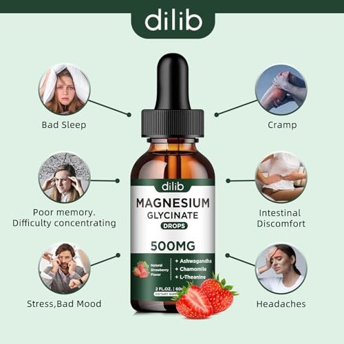 Dilib Magnesium Glycinat Flüssig – 500mg Magnesium, Ashwagandha, L-Theanin & Kamille – Vegan, Erdbeergeschmack – Stressabbau, Knochen- & Muskelunterstützung – 59 ml