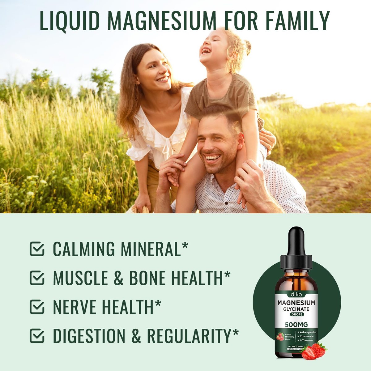 Dilib Magnesium Glycinat Flüssig – 500mg Magnesium, Ashwagandha, L-Theanin & Kamille – Vegan, Erdbeergeschmack – Stressabbau, Knochen- & Muskelunterstützung – 59 ml