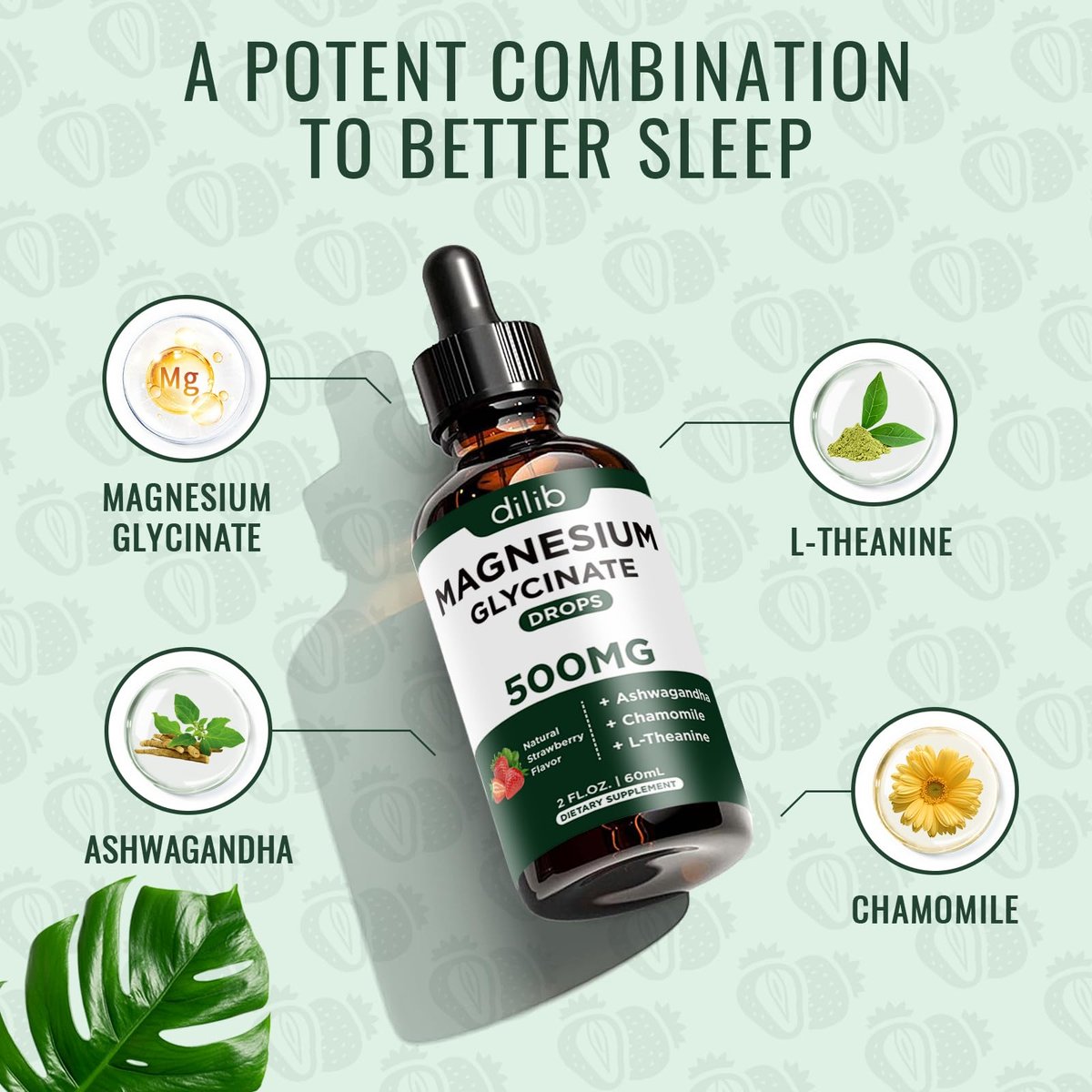 Dilib Magnesium Glycinat Flüssig – 500mg Magnesium, Ashwagandha, L-Theanin & Kamille – Vegan, Erdbeergeschmack – Stressabbau, Knochen- & Muskelunterstützung – 59 ml