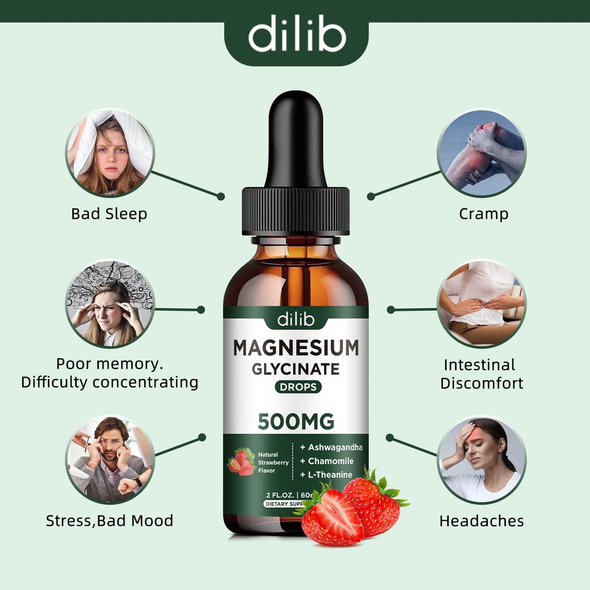 Dilib Magnesium Glycinat Flüssig – 500mg Magnesium, Ashwagandha, L-Theanin & Kamille – Vegan, Erdbeergeschmack – Stressabbau, Knochen- & Muskelunterstützung – 59 ml