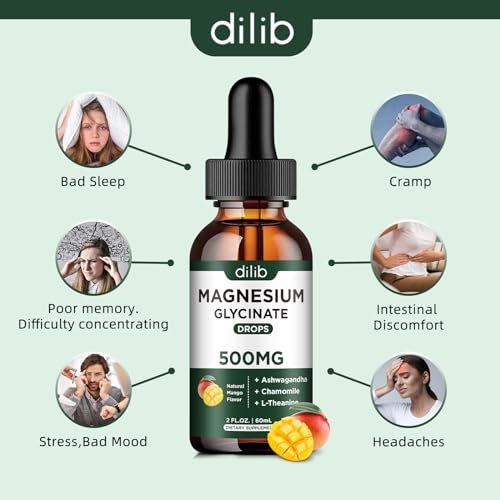 Dilib Magnesium Glycinat Tropfen, flüssiges Magnesium mit Ashwagandha, L-Theanin & Kamille, 500mg pro Portion, Vegan, Mango-Geschmack, 59 ml