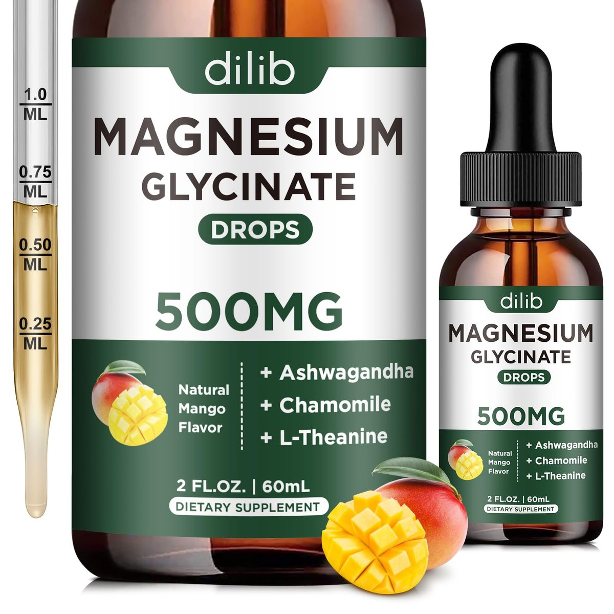 Dilib Magnesium Glycinat Tropfen, flüssiges Magnesium mit Ashwagandha, L-Theanin & Kamille, 500mg pro Portion, Vegan, Mango-Geschmack, 59 ml