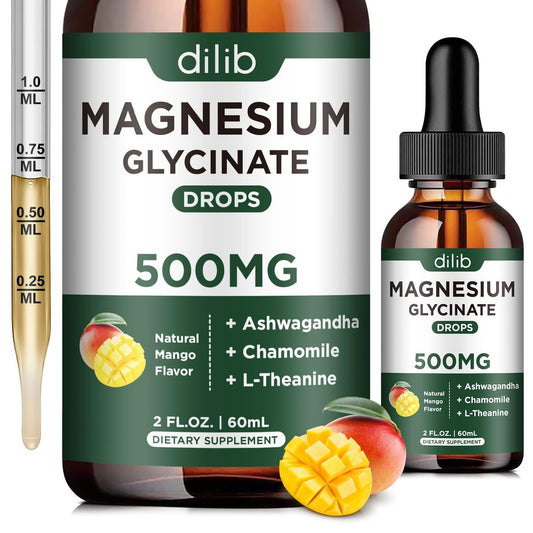 Dilib Magnesium Glycinat Tropfen, flüssiges Magnesium mit Ashwagandha, L-Theanin & Kamille, 500mg pro Portion, Vegan, Mango-Geschmack, 59 ml