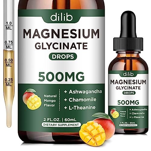 Dilib Magnesium Glycinat Tropfen, flüssiges Magnesium mit Ashwagandha, L-Theanin & Kamille, 500mg pro Portion, Vegan, Mango-Geschmack, 59 ml