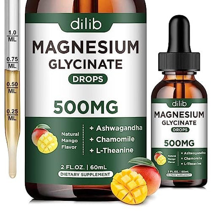 Dilib Magnesium Glycinat Tropfen, flüssiges Magnesium mit Ashwagandha, L-Theanin & Kamille, 500mg pro Portion, Vegan, Mango-Geschmack, 59 ml
