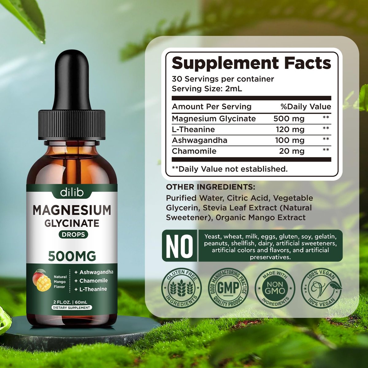 Dilib Magnesium Glycinat Tropfen, flüssiges Magnesium mit Ashwagandha, L-Theanin & Kamille, 500mg pro Portion, Vegan, Mango-Geschmack, 59 ml