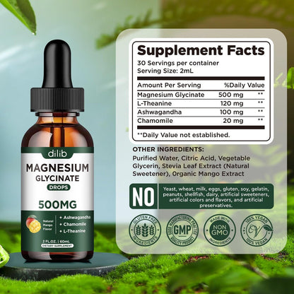 Dilib Magnesium Glycinat Tropfen, flüssiges Magnesium mit Ashwagandha, L-Theanin & Kamille, 500mg pro Portion, Vegan, Mango-Geschmack, 59 ml