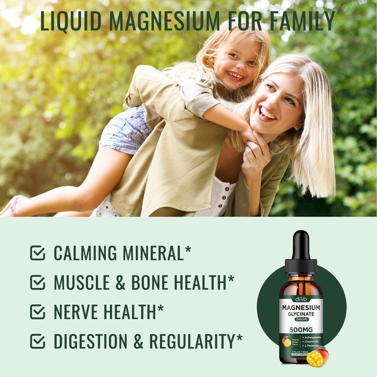 Dilib Magnesium Glycinat Tropfen, flüssiges Magnesium mit Ashwagandha, L-Theanin & Kamille, 500mg pro Portion, Vegan, Mango-Geschmack, 59 ml