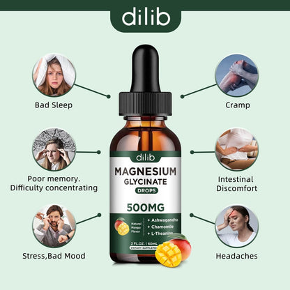 Dilib Magnesium Glycinat Tropfen, flüssiges Magnesium mit Ashwagandha, L-Theanin & Kamille, 500mg pro Portion, Vegan, Mango-Geschmack, 59 ml