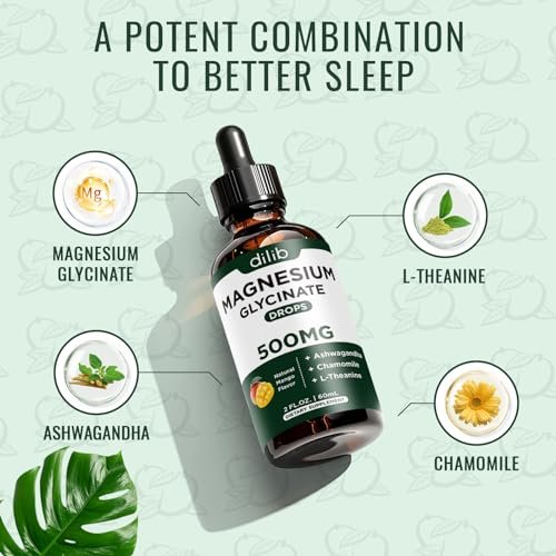 Dilib Magnesium Glycinat Tropfen, flüssiges Magnesium mit Ashwagandha, L-Theanin & Kamille, 500mg pro Portion, Vegan, Mango-Geschmack, 59 ml