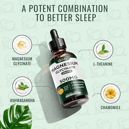 Dilib Magnesium Glycinat Tropfen, flüssiges Magnesium mit Ashwagandha, L-Theanin & Kamille, 500mg pro Portion, Vegan, Mango-Geschmack, 59 ml